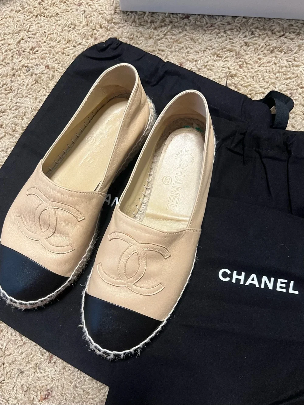 CHANEL Beige and Black Leather Espadrilles with CC Appliqué